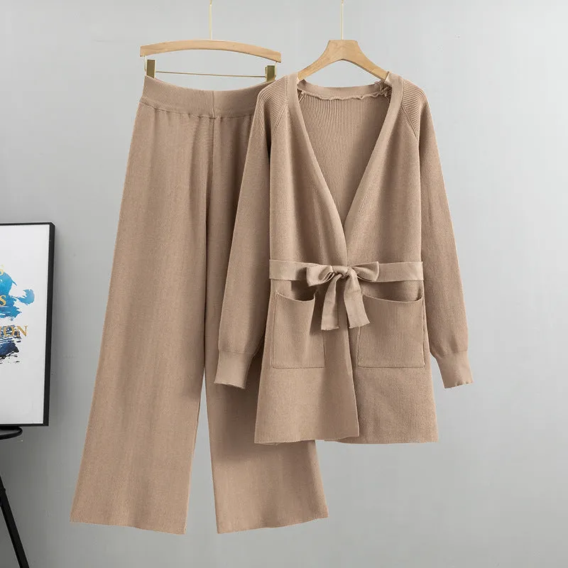 Women's Wide-Leg Pants Knitted Cardigan Two-Piece Set