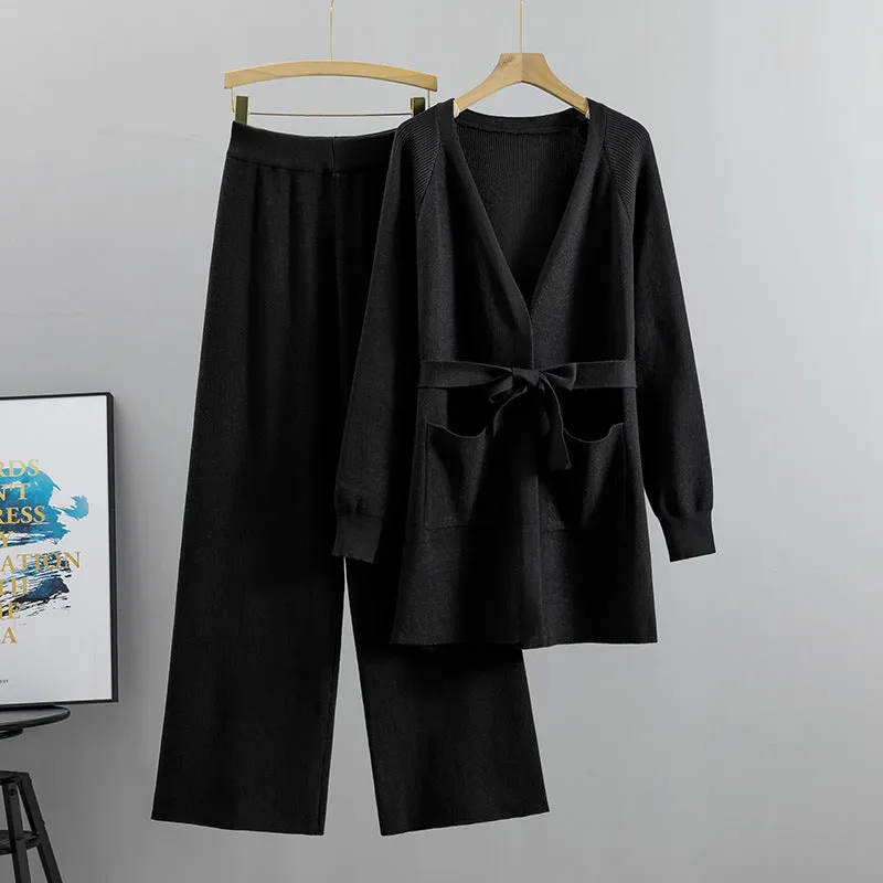 Women's Wide-Leg Pants Knitted Cardigan Two-Piece Set