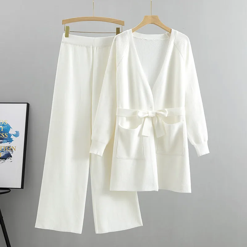 Women's Wide-Leg Pants Knitted Cardigan Two-Piece Set