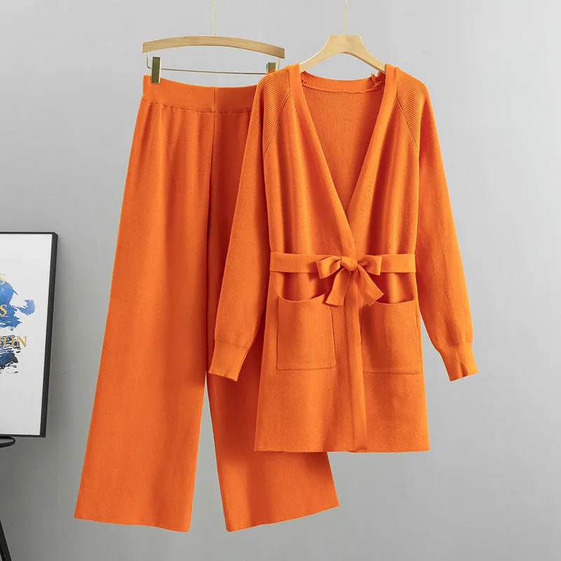 Women's Wide-Leg Pants Knitted Cardigan Two-Piece Set