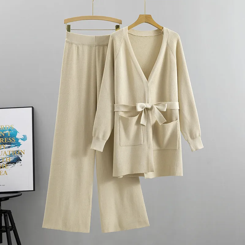 Women's Wide-Leg Pants Knitted Cardigan Two-Piece Set