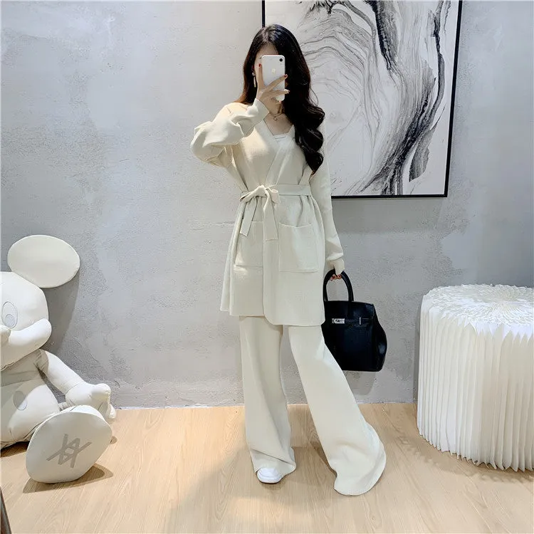 Women's Wide-Leg Pants Knitted Cardigan Two-Piece Set