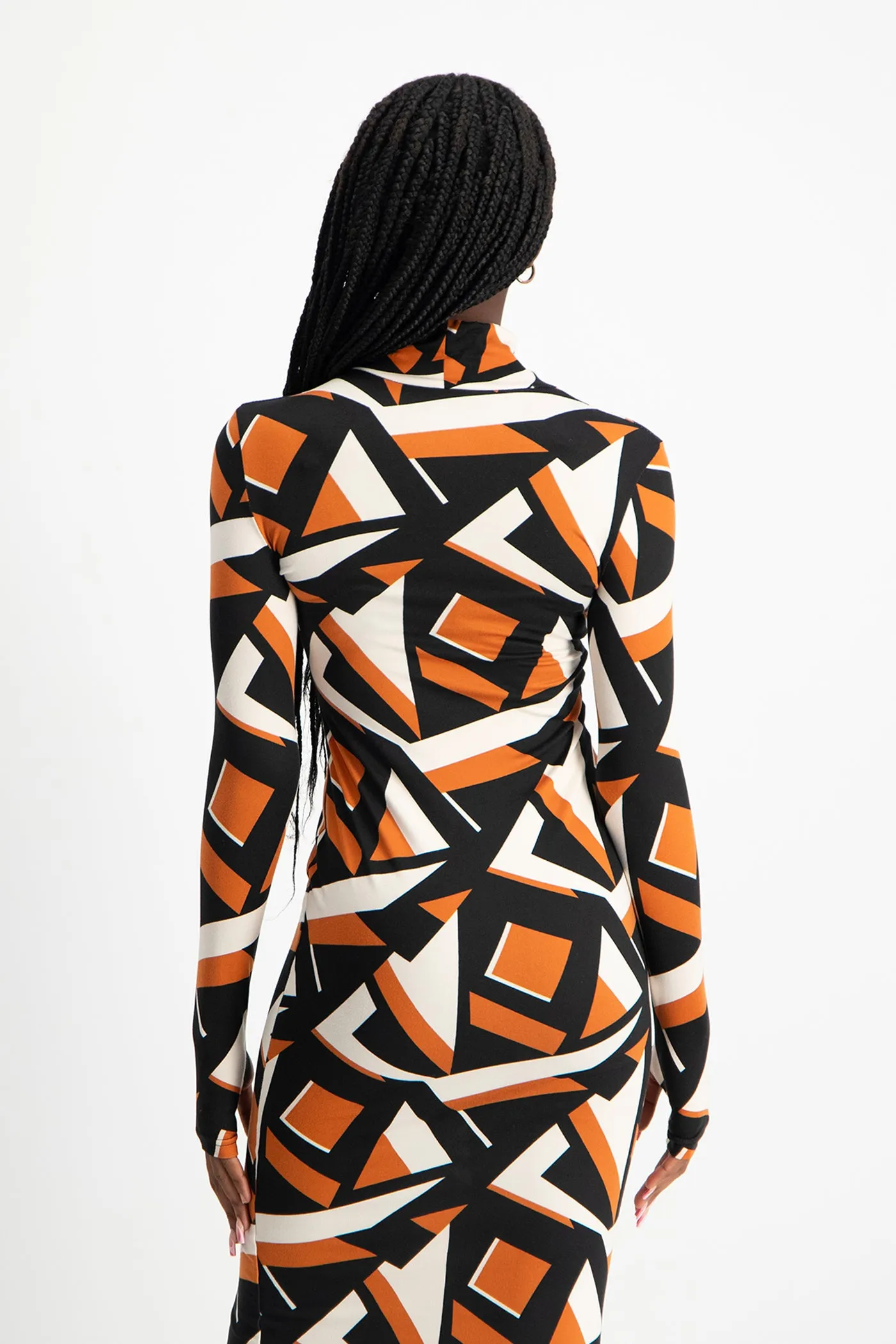 Yolanda Poloneck Bodycon Dress - Rust Geo Print