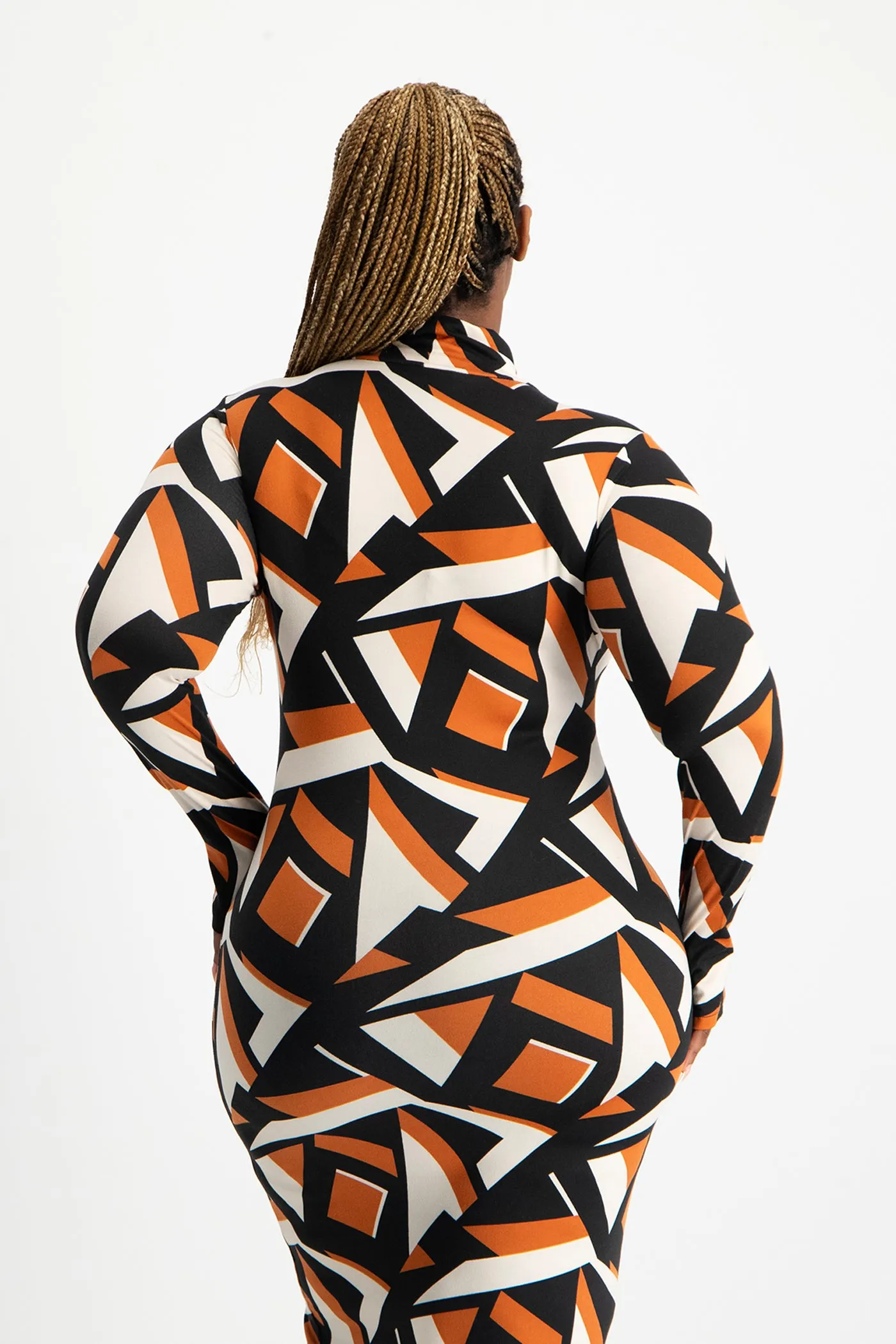 Yolanda Poloneck Bodycon Dress - Rust Geo Print