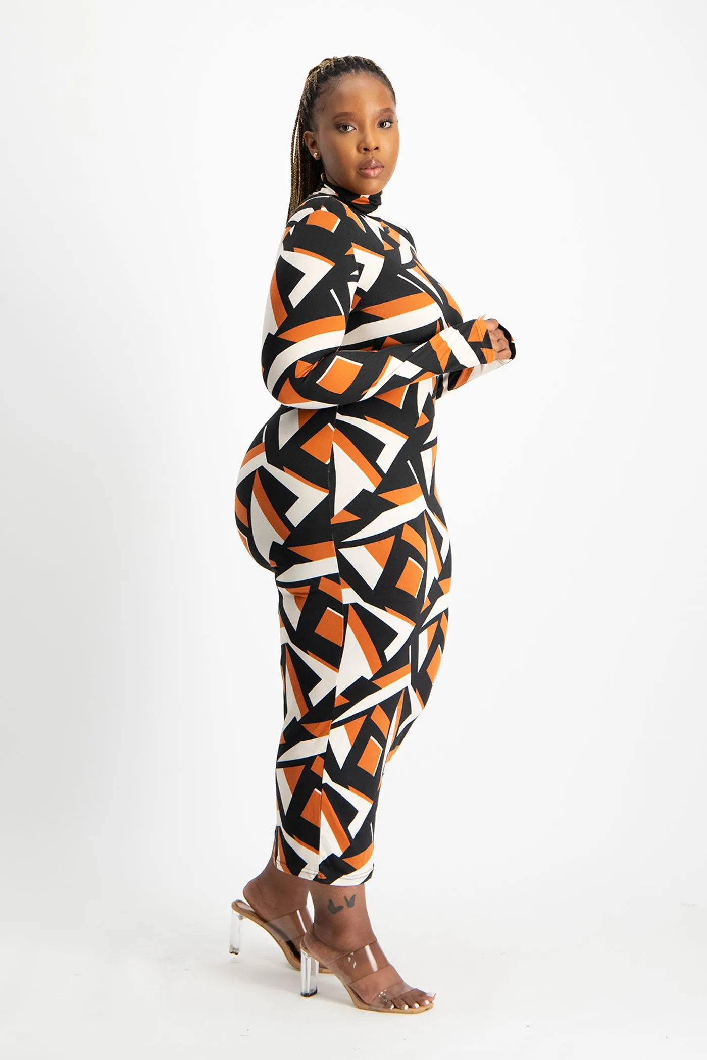 Yolanda Poloneck Bodycon Dress - Rust Geo Print