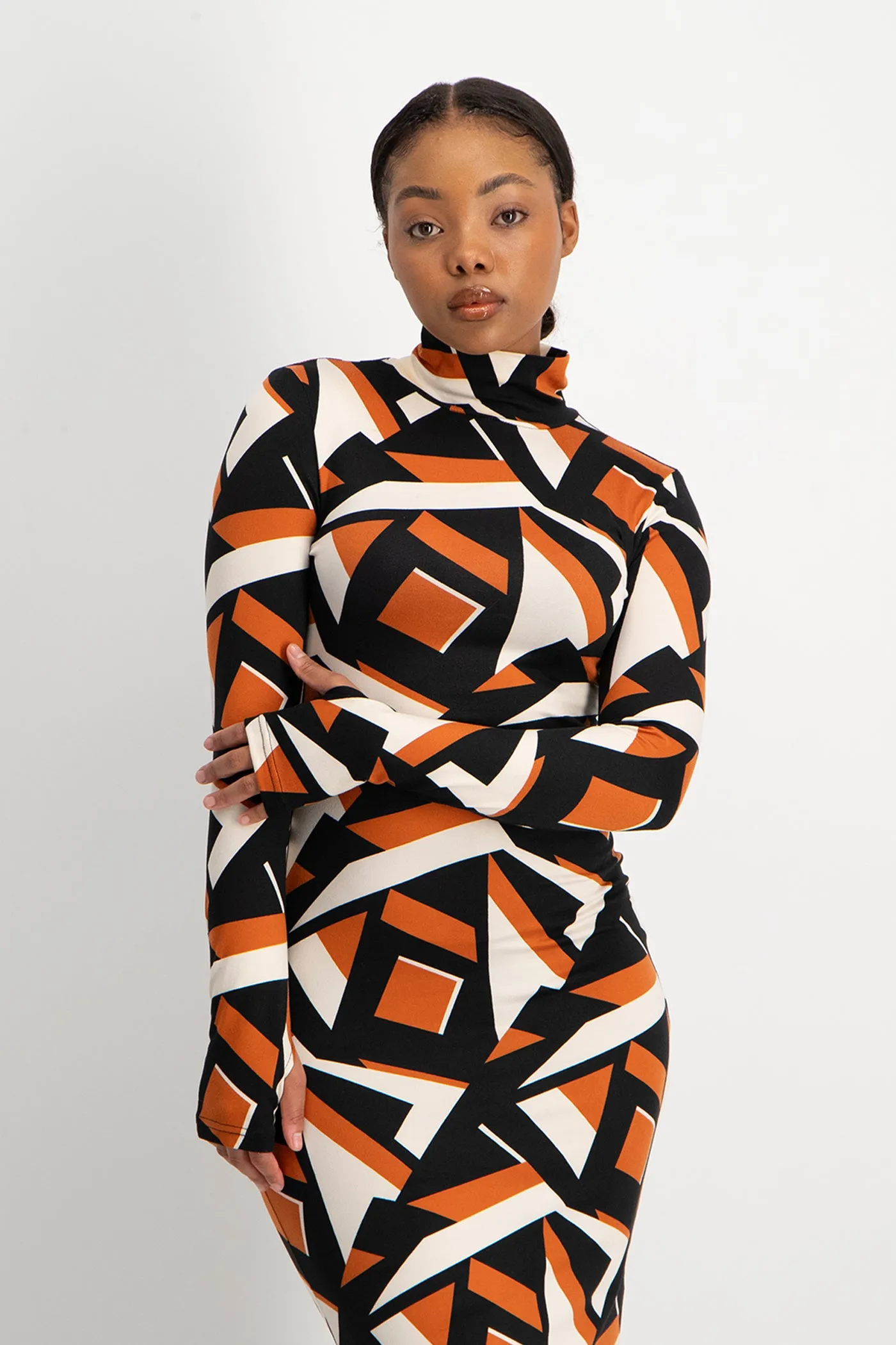 Yolanda Poloneck Bodycon Dress - Rust Geo Print