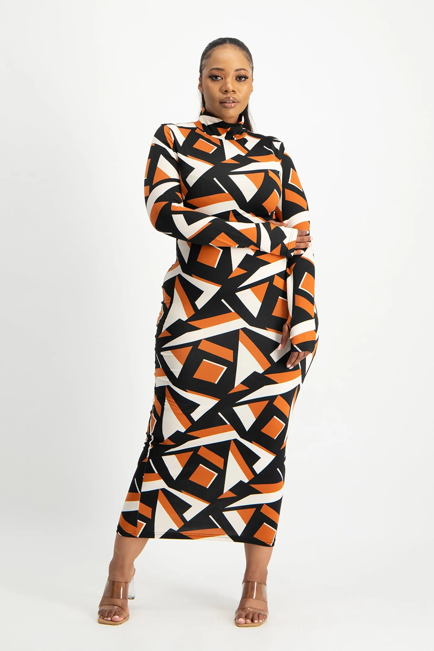 Yolanda Poloneck Bodycon Dress - Rust Geo Print