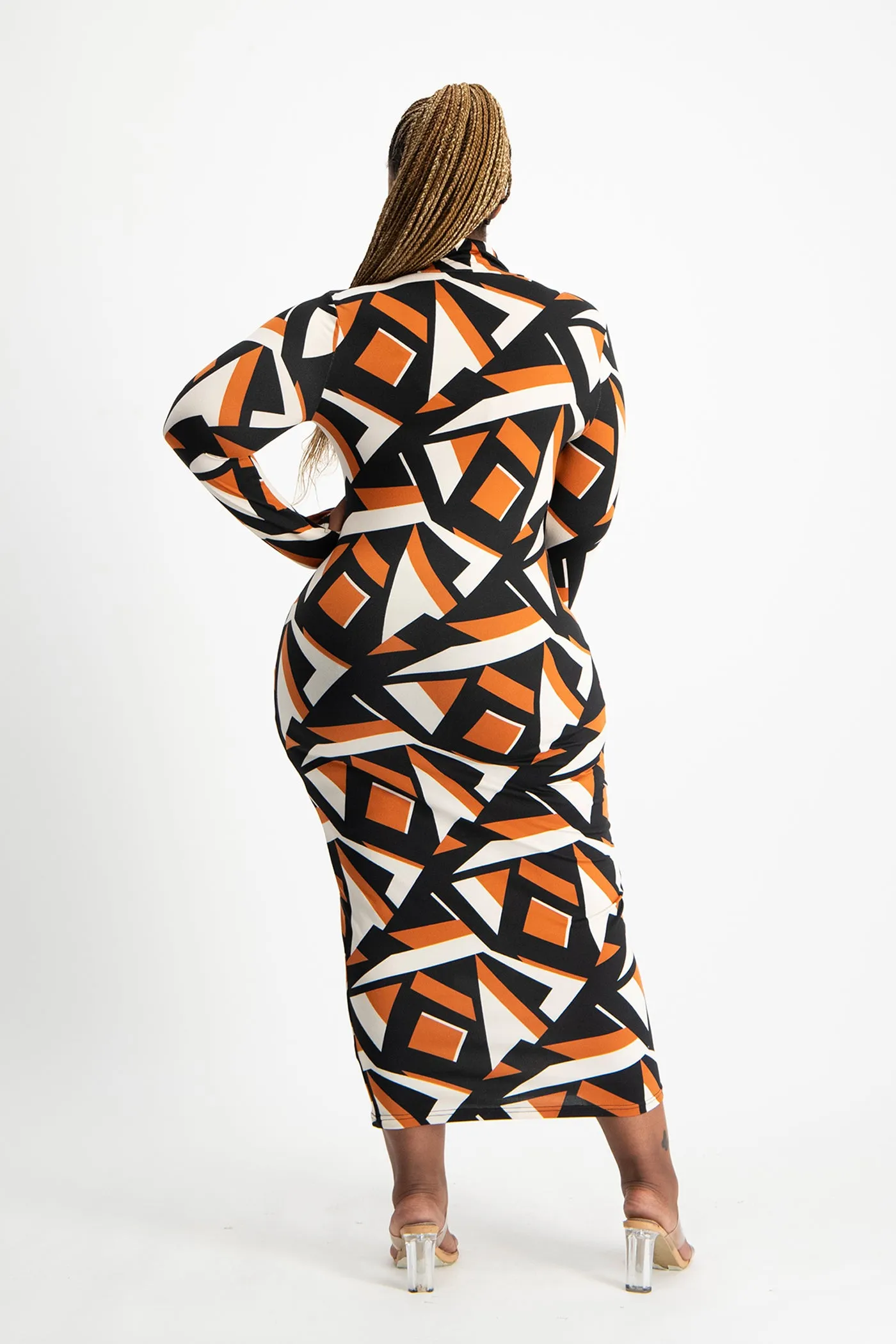 Yolanda Poloneck Bodycon Dress - Rust Geo Print