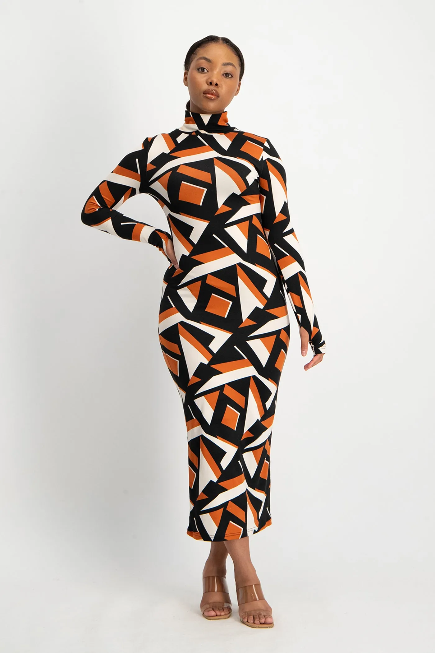 Yolanda Poloneck Bodycon Dress - Rust Geo Print