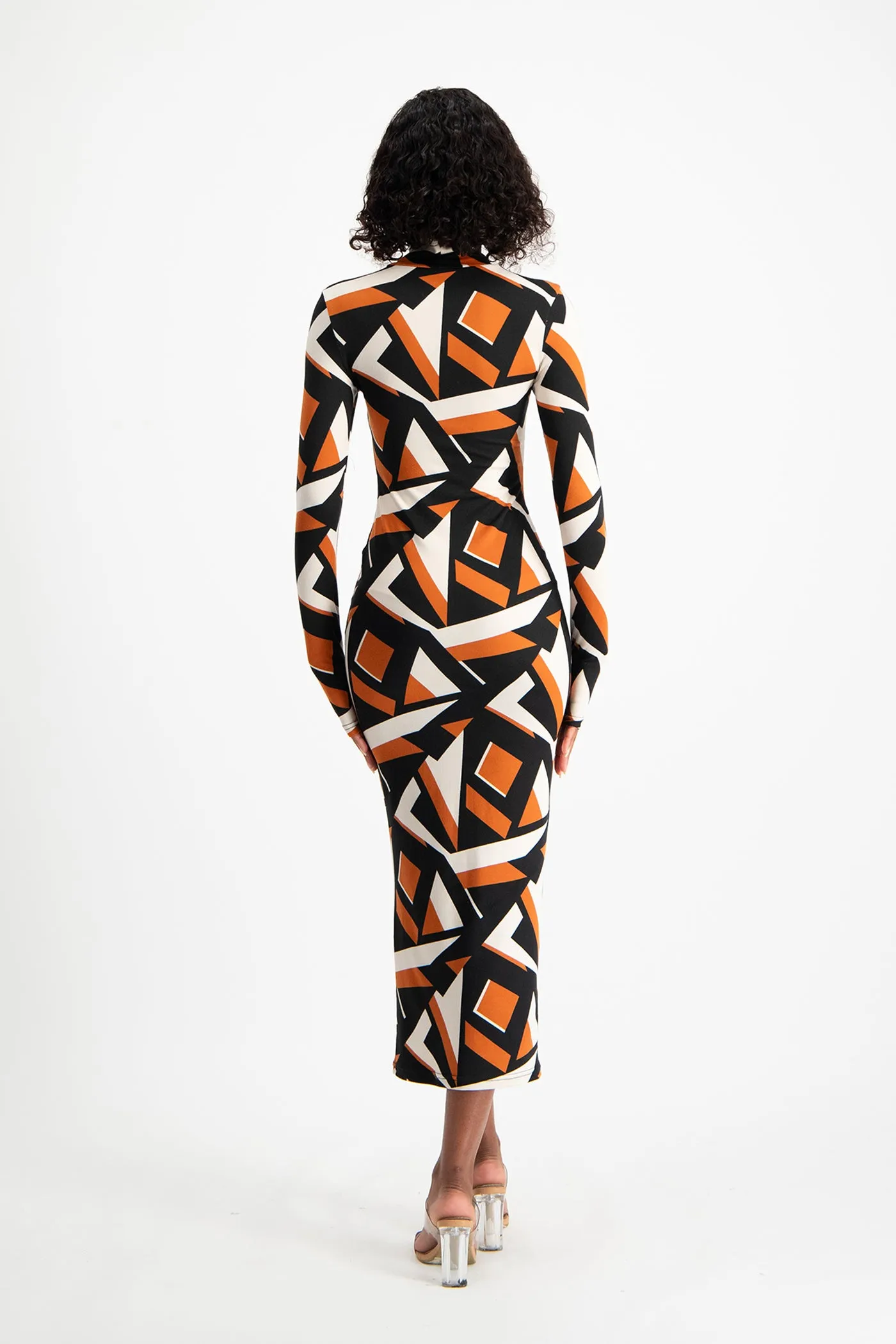 Yolanda Poloneck Bodycon Dress - Rust Geo Print