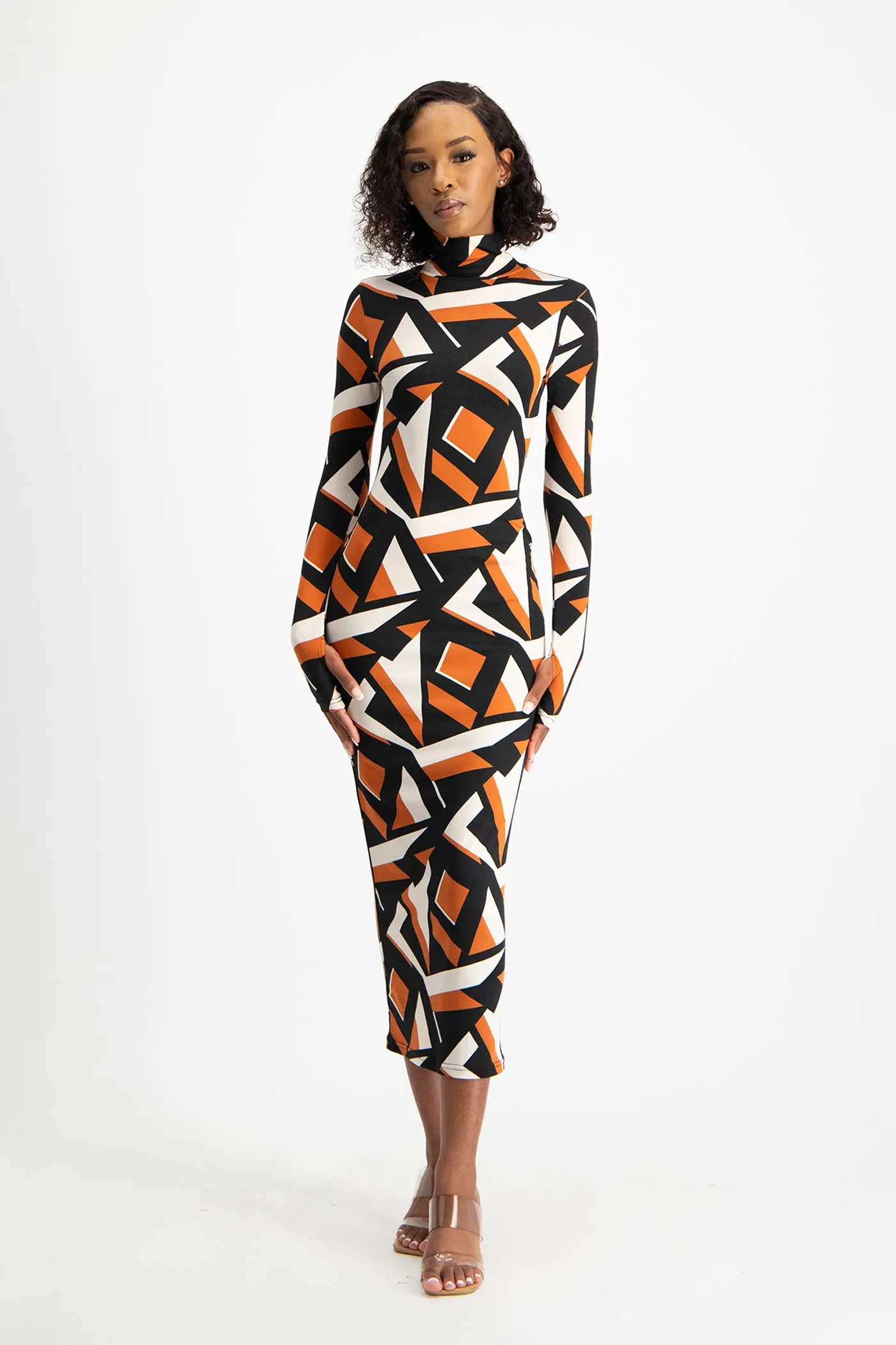 Yolanda Poloneck Bodycon Dress - Rust Geo Print