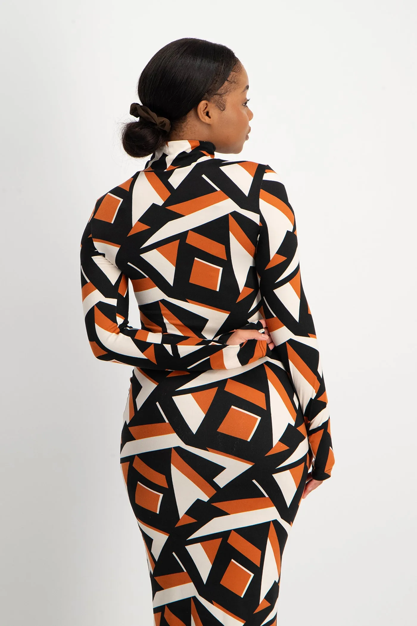 Yolanda Poloneck Bodycon Dress - Rust Geo Print