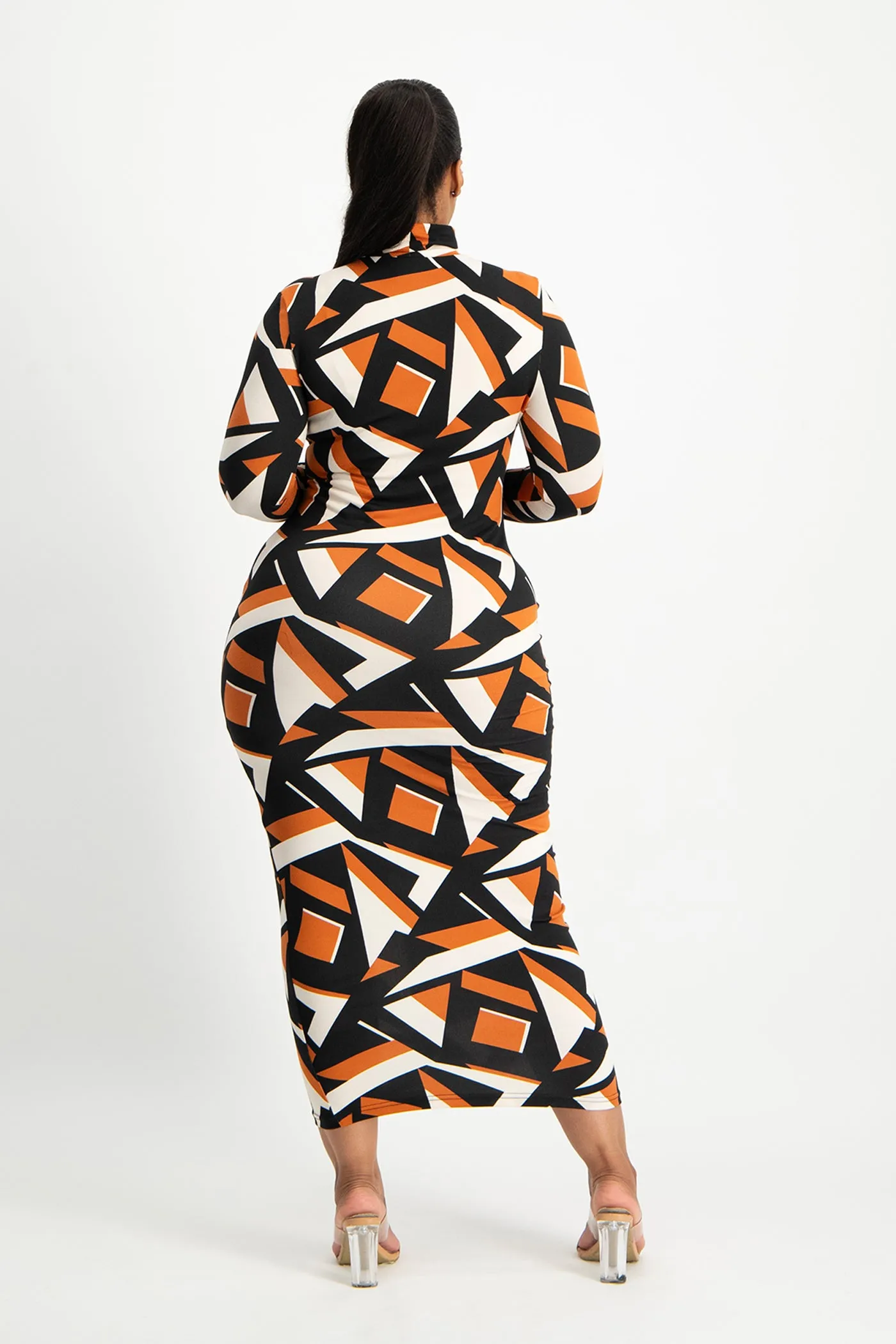 Yolanda Poloneck Bodycon Dress - Rust Geo Print