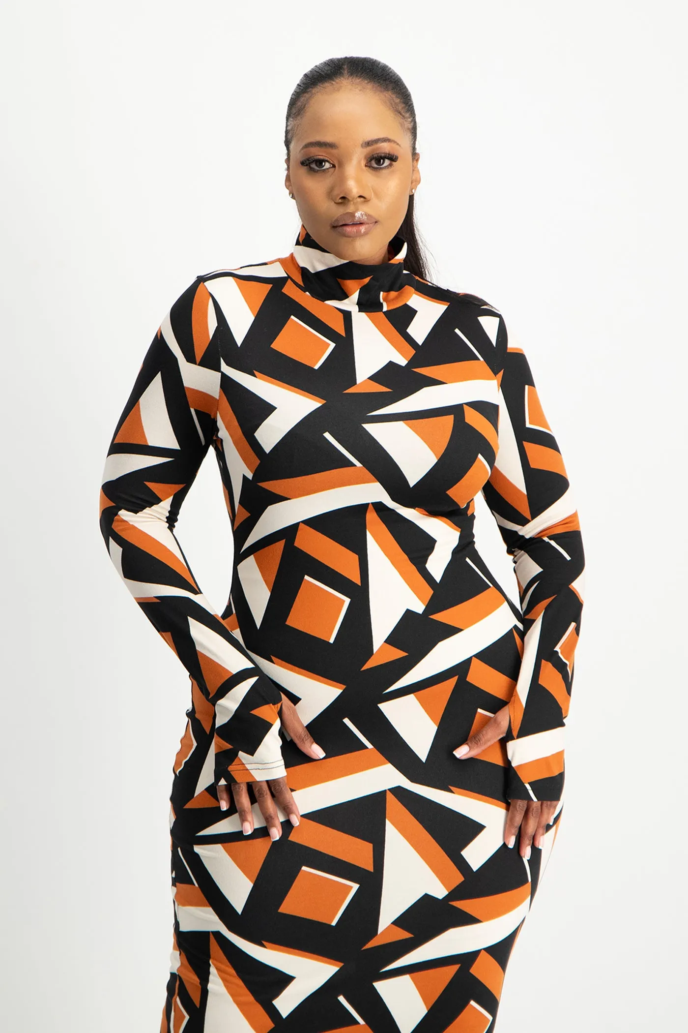 Yolanda Poloneck Bodycon Dress - Rust Geo Print