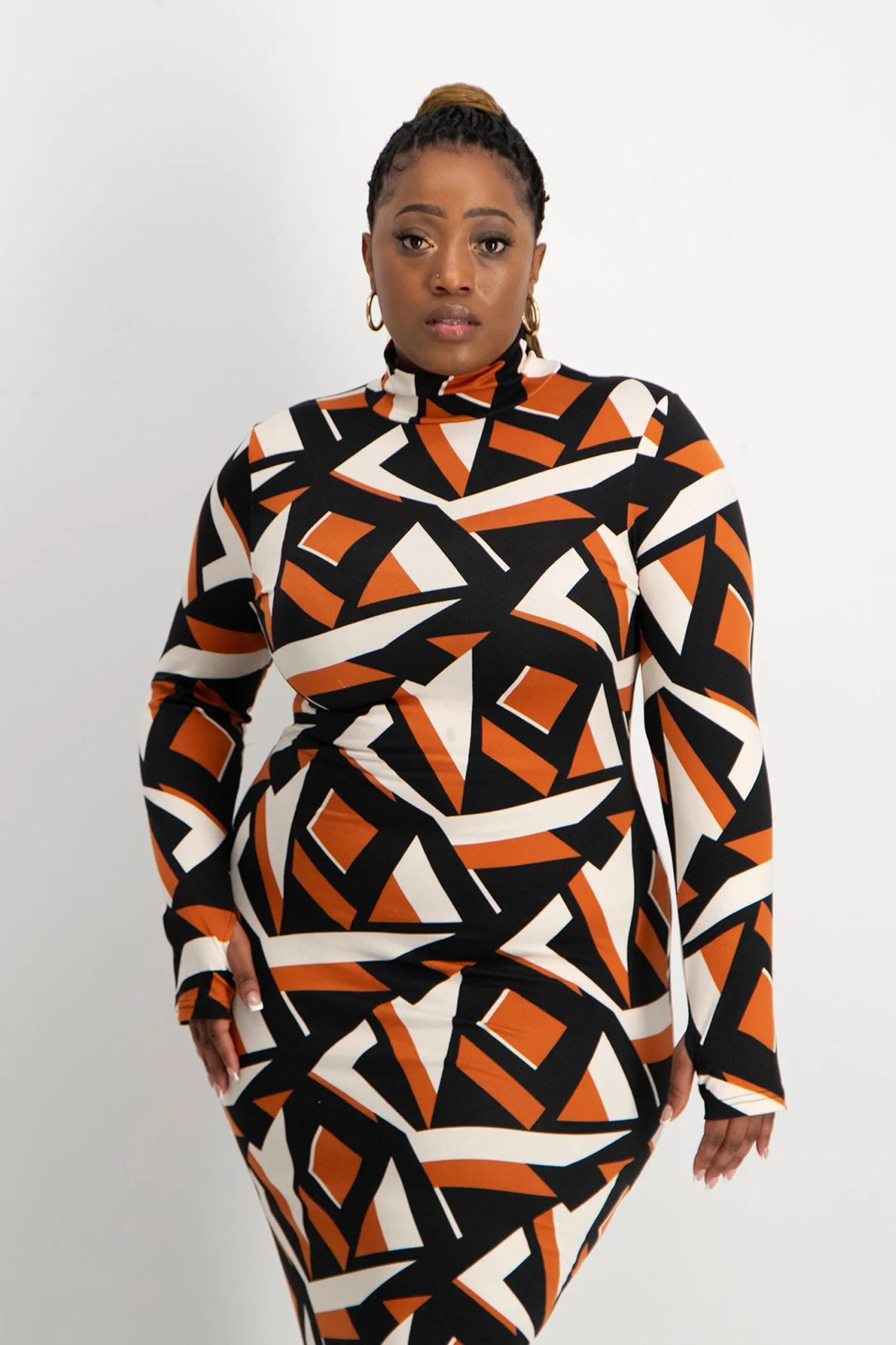 Yolanda Poloneck Bodycon Dress - Rust Geo Print
