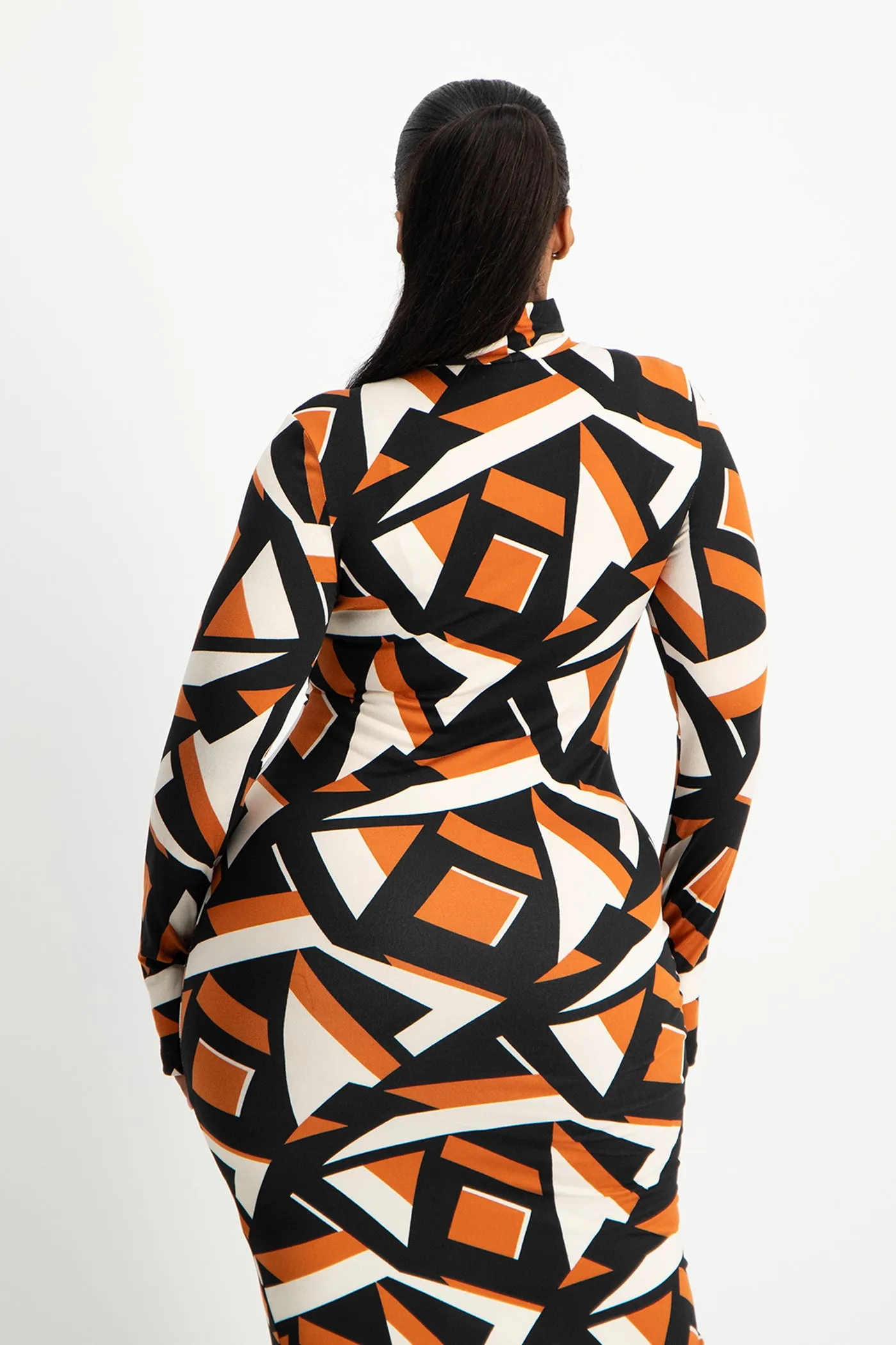 Yolanda Poloneck Bodycon Dress - Rust Geo Print