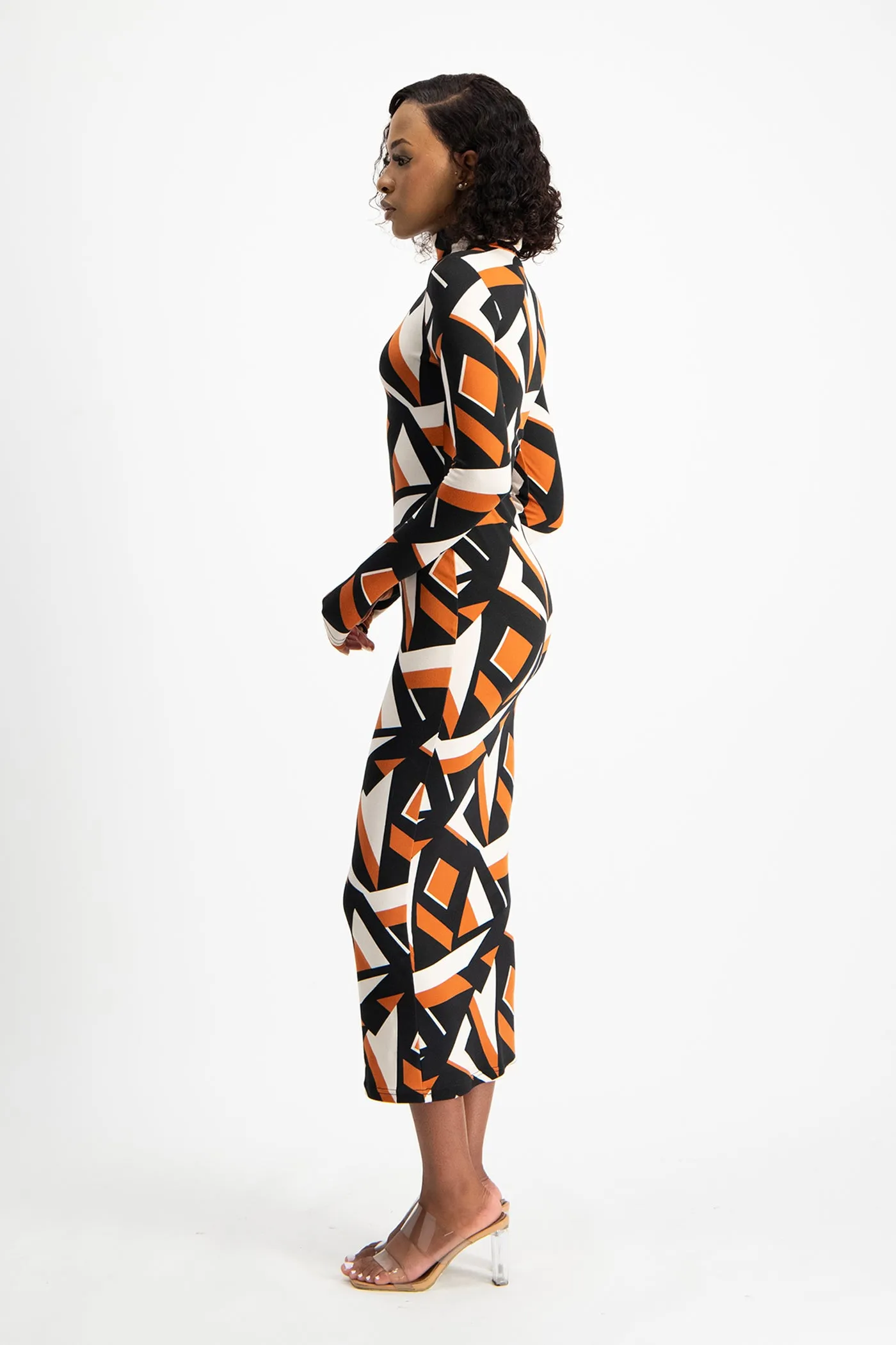 Yolanda Poloneck Bodycon Dress - Rust Geo Print