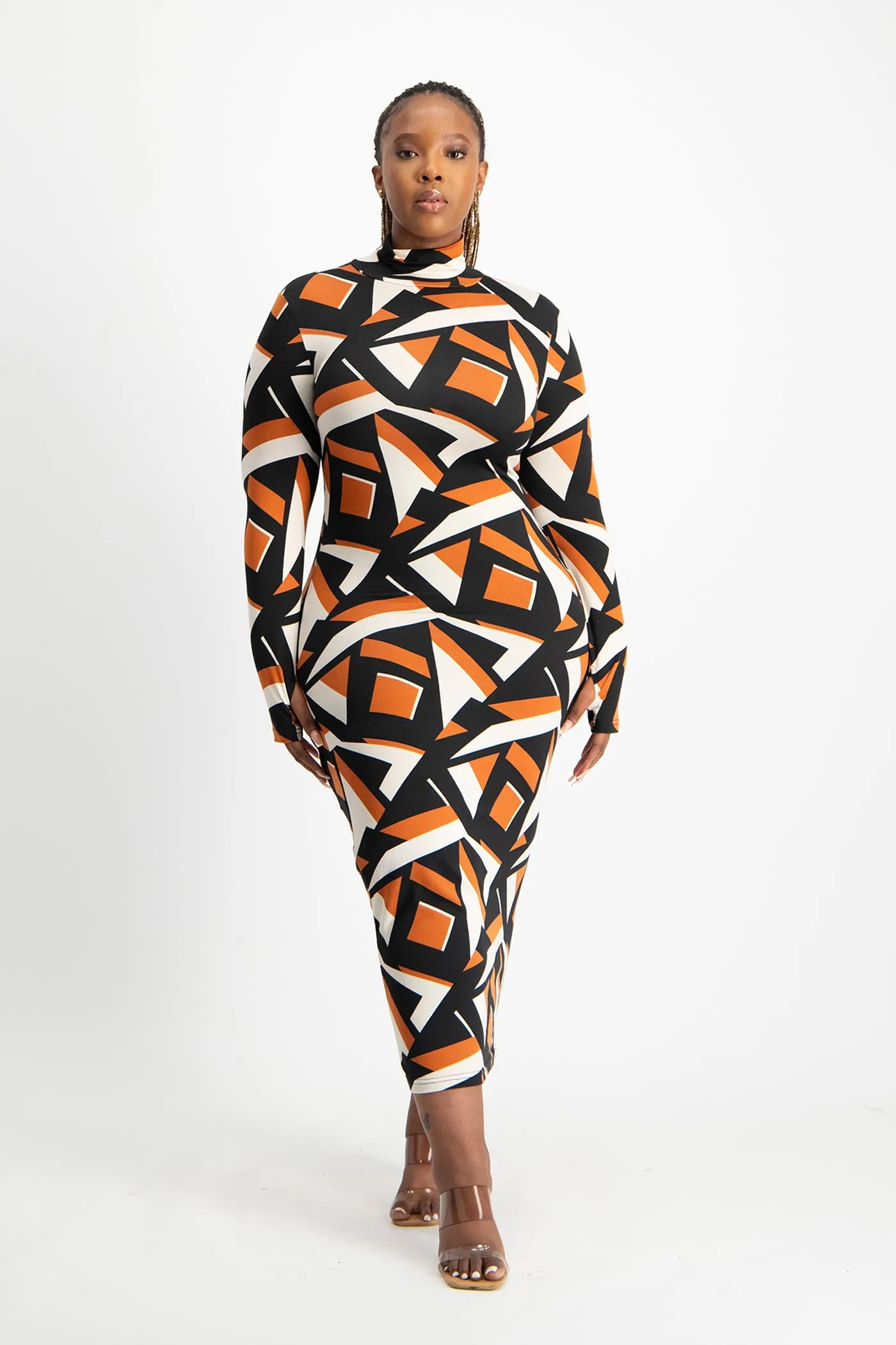 Yolanda Poloneck Bodycon Dress - Rust Geo Print