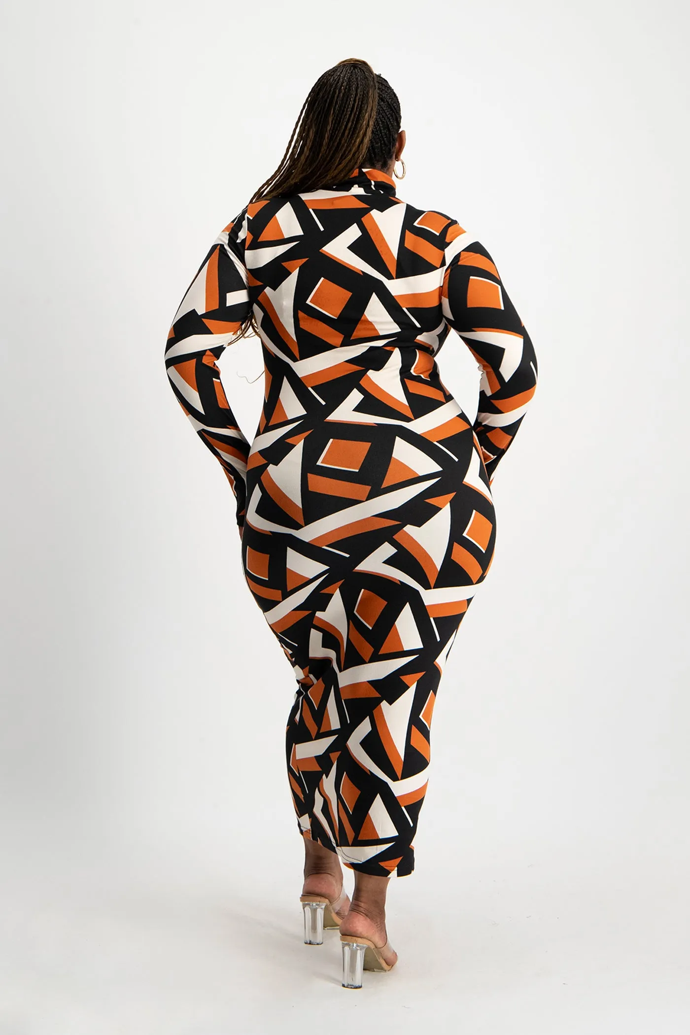 Yolanda Poloneck Bodycon Dress - Rust Geo Print