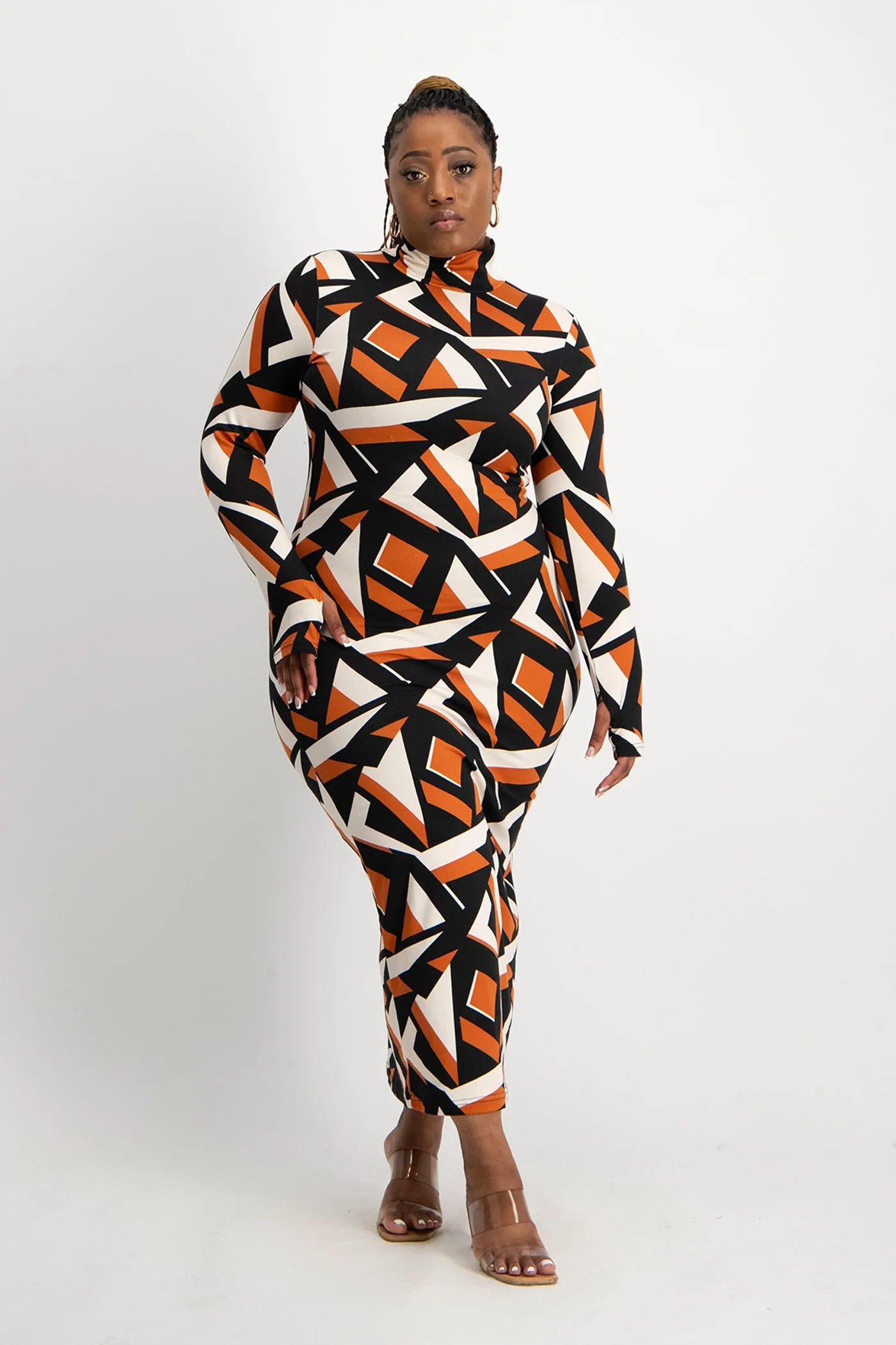 Yolanda Poloneck Bodycon Dress - Rust Geo Print