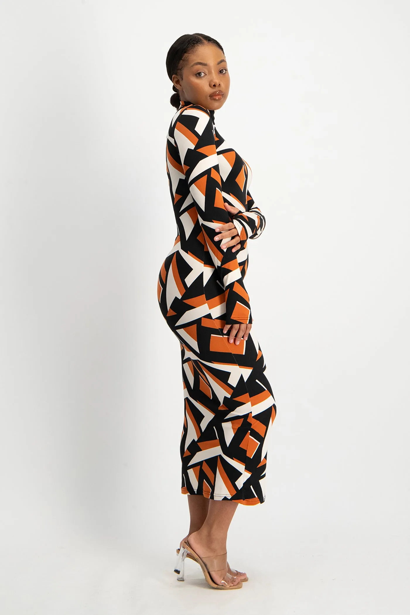 Yolanda Poloneck Bodycon Dress - Rust Geo Print