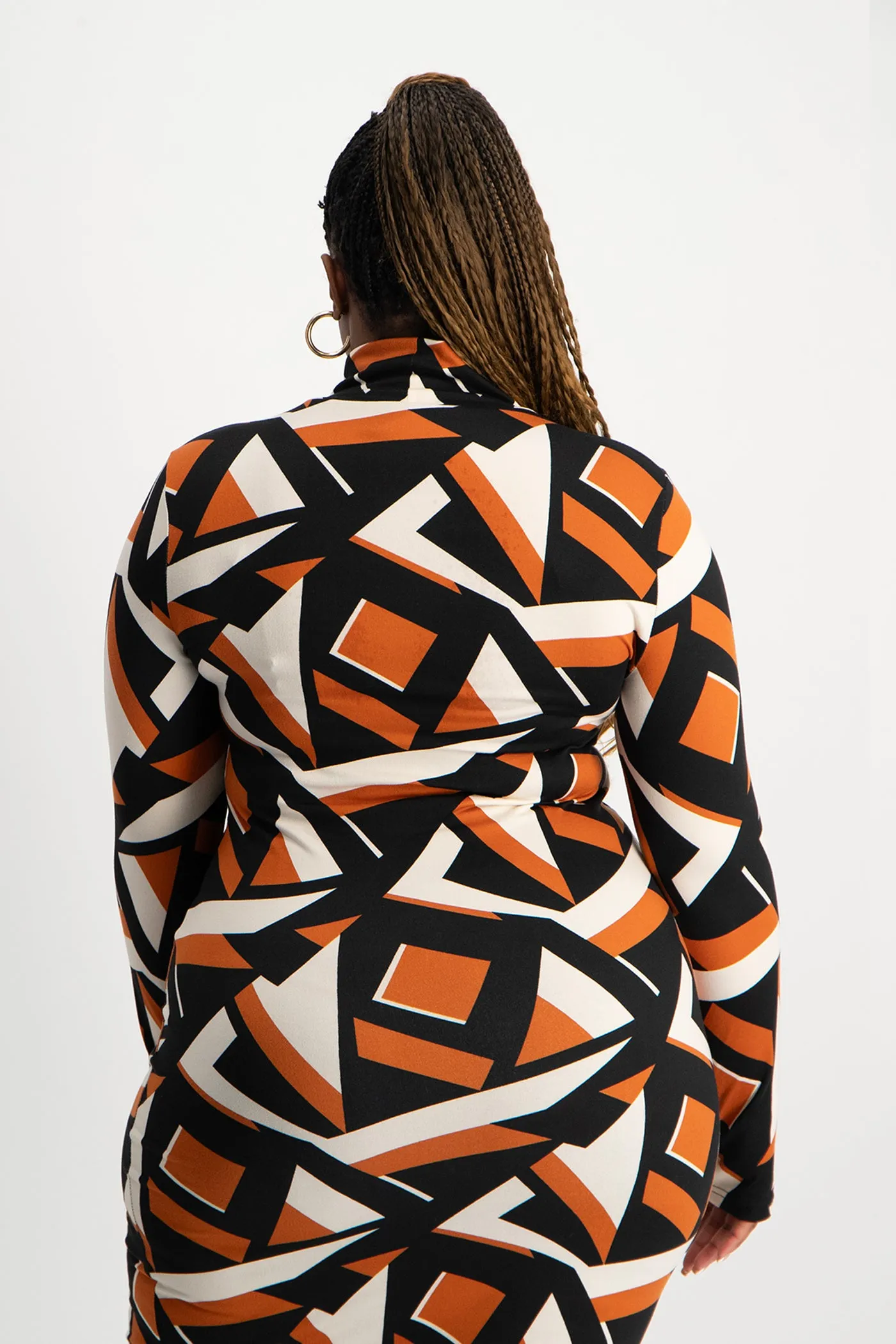 Yolanda Poloneck Bodycon Dress - Rust Geo Print