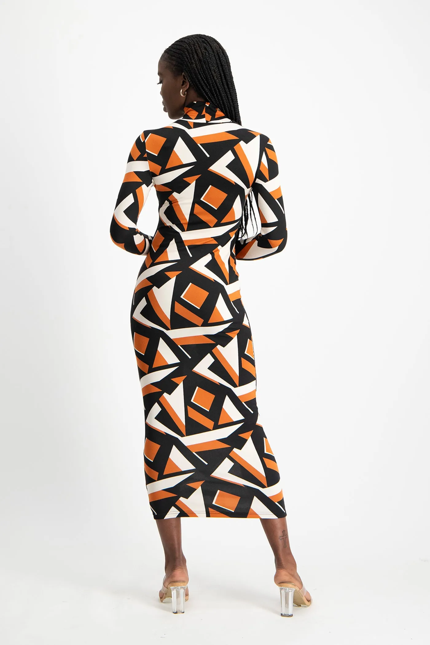 Yolanda Poloneck Bodycon Dress - Rust Geo Print