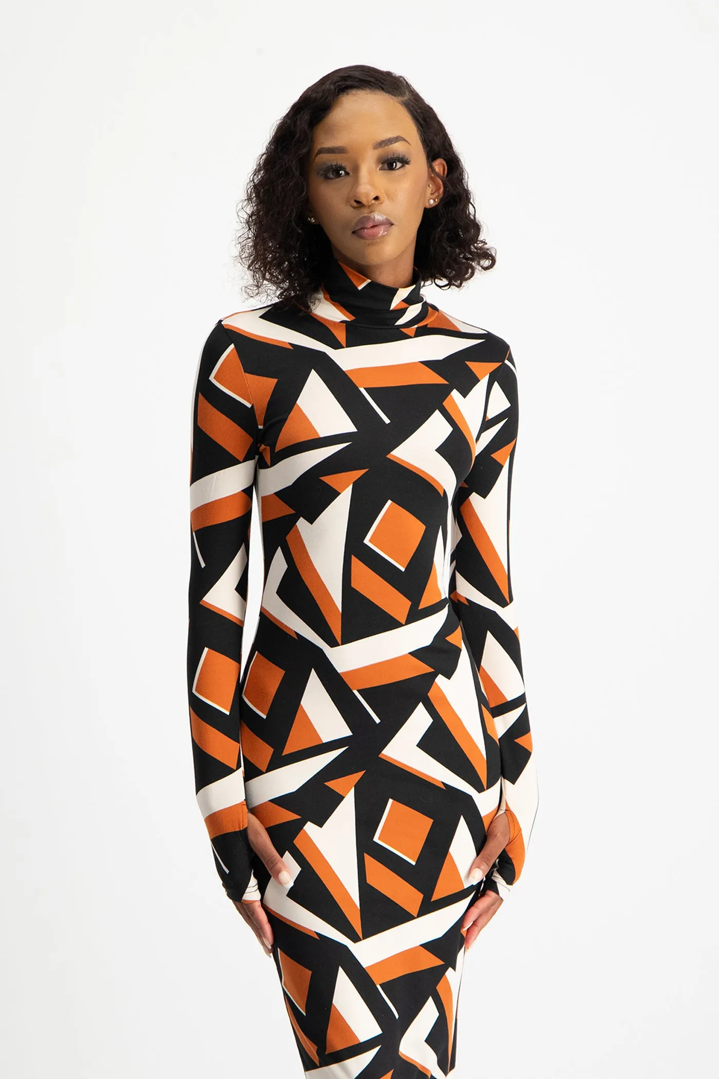 Yolanda Poloneck Bodycon Dress - Rust Geo Print