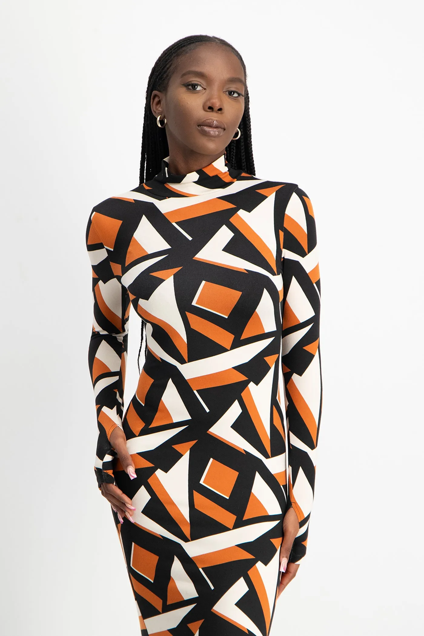 Yolanda Poloneck Bodycon Dress - Rust Geo Print
