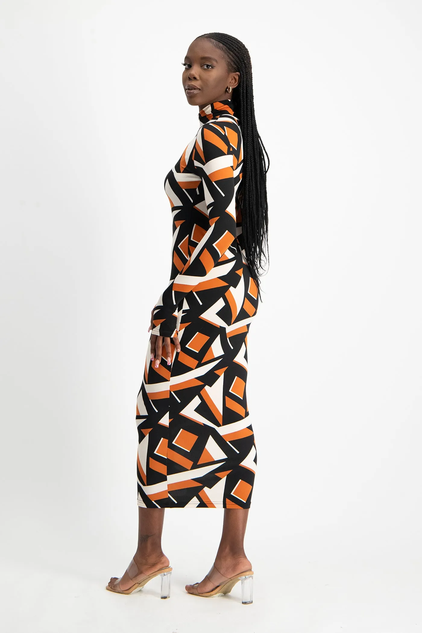 Yolanda Poloneck Bodycon Dress - Rust Geo Print