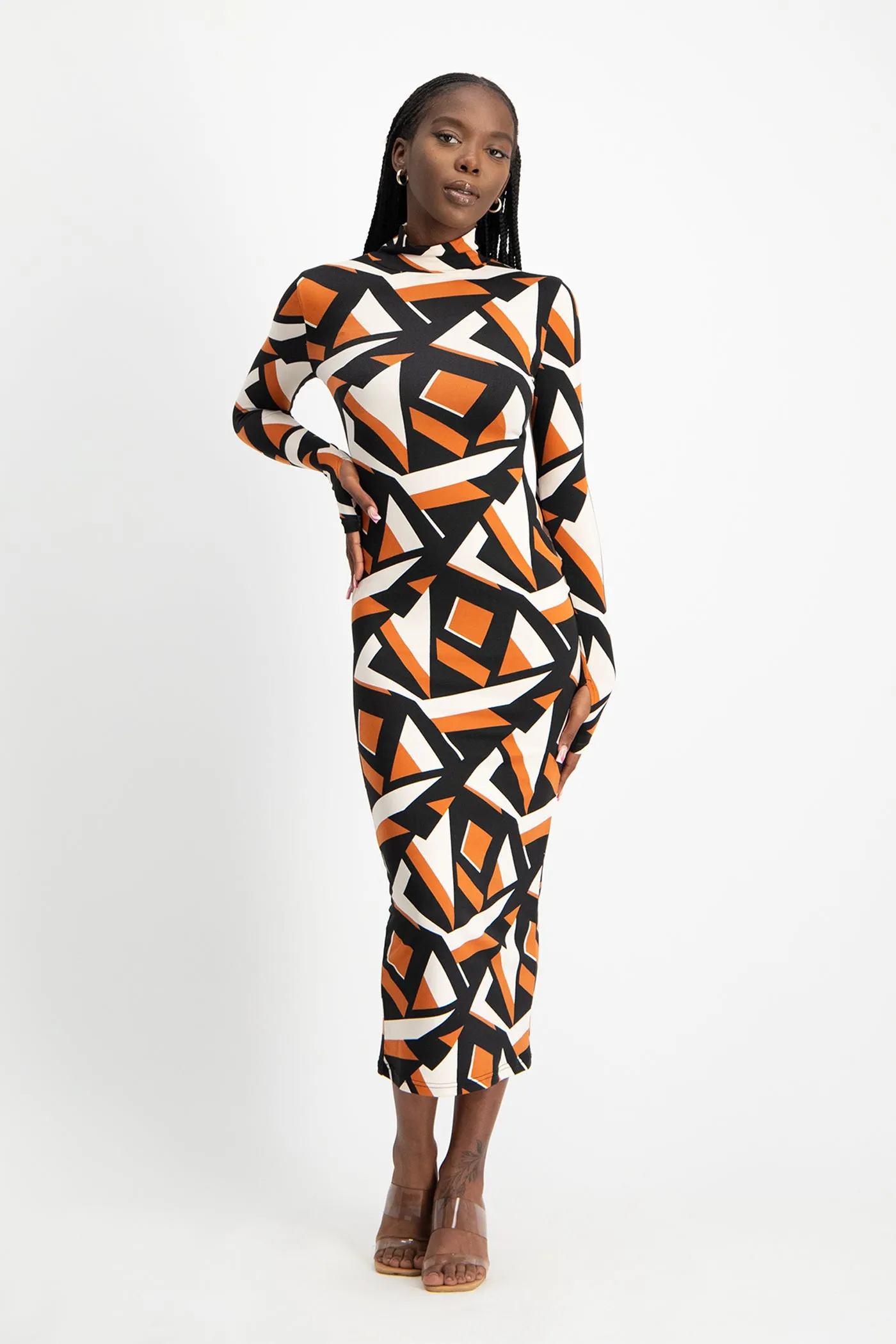 Yolanda Poloneck Bodycon Dress - Rust Geo Print